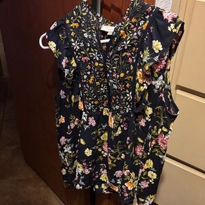 LOFT Navy Floral Ruffle Blouse
